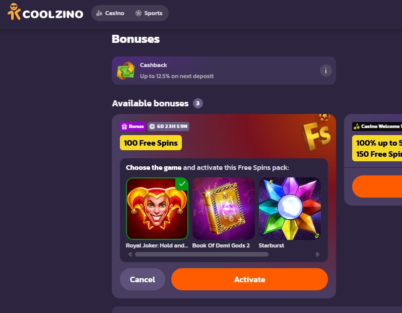 Screenshot CoolZino - Choix des jeux 100 Tours Gratuits