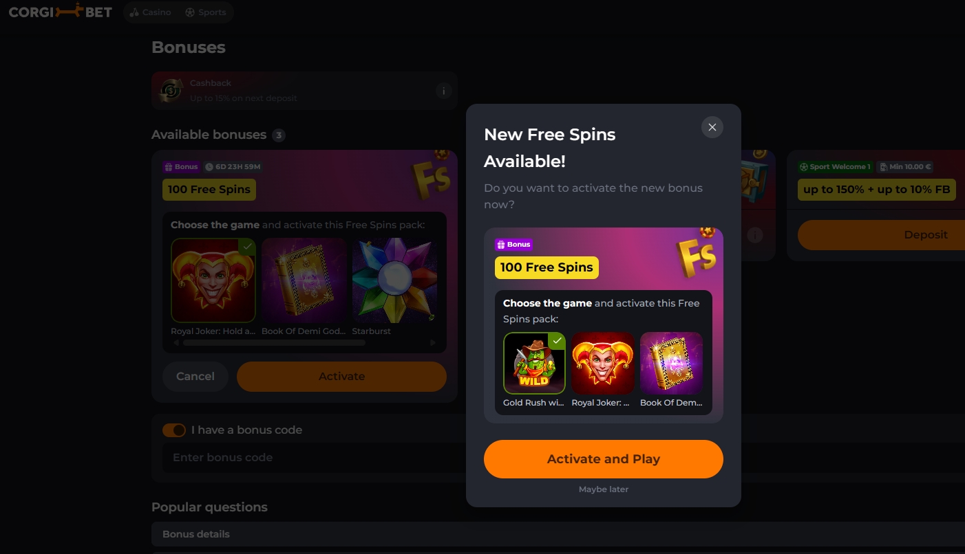 Screenshot Corgibet - Choix des jeux 100 Tours Gratuits