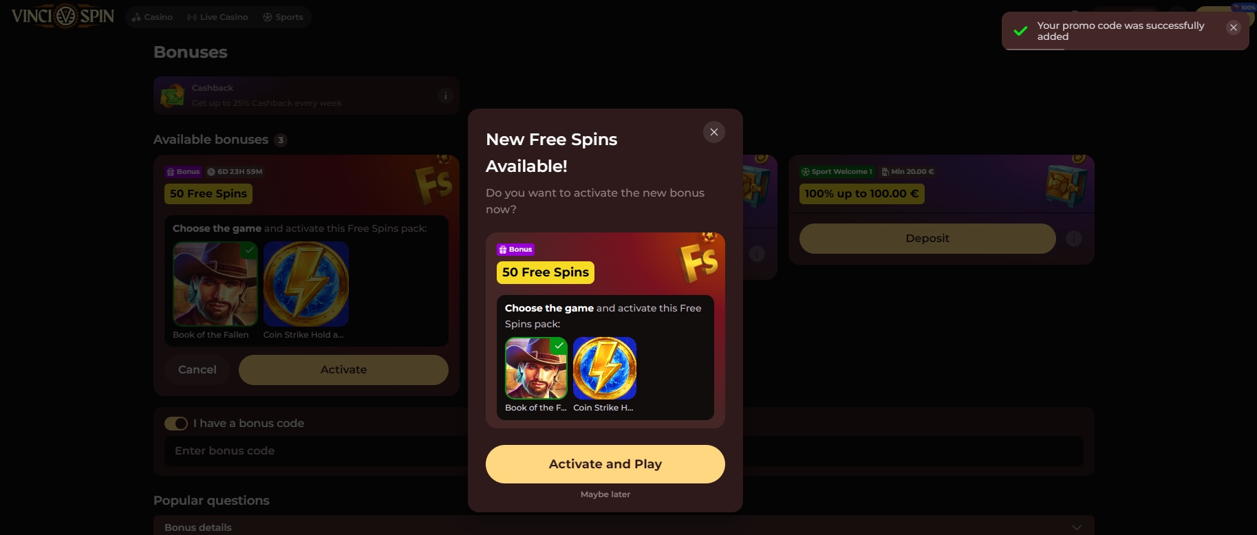 Screenshot Vincispin - Choix des jeux 50 Tours Gratuits