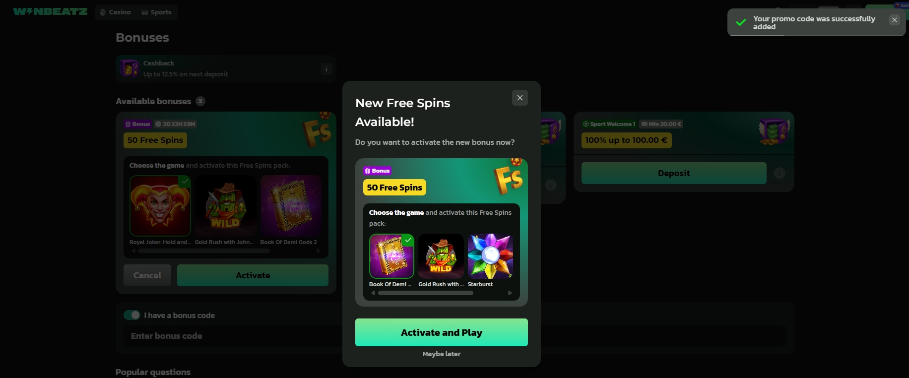 Screenshot Winbeatz - Choix des jeux 50 Tours Gratuits